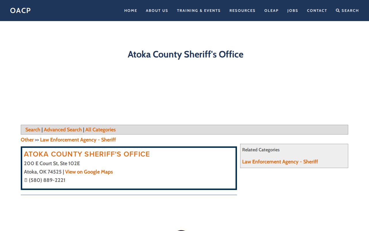 Atoka County booking record contact source for the sheriff's office